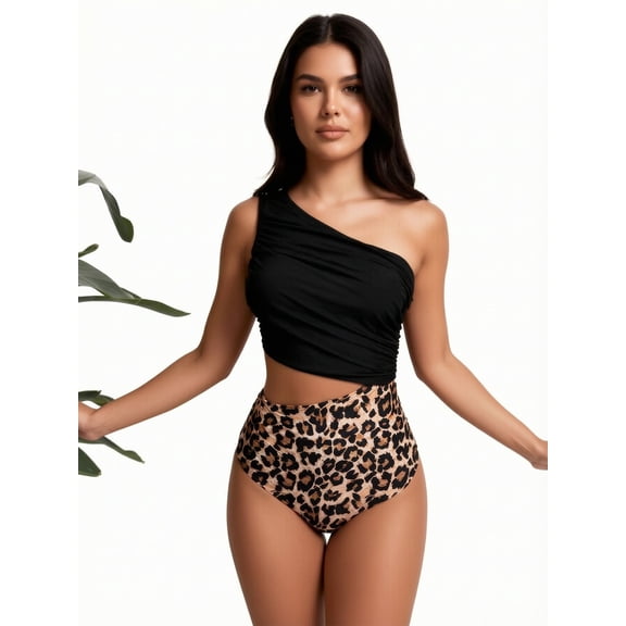 Hind Women's 2-Piece Bikini Swimsuit, One-Shoulder Ruched Crop Top with High-Waisted Leopard Print Bottom, Black