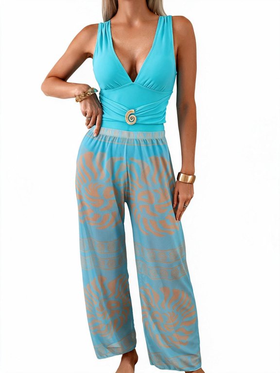Women's 2-Piece Swimsuit Set, Plunge Swim Top and Sheer Wide-Leg Cover-Up Pants, Aqua