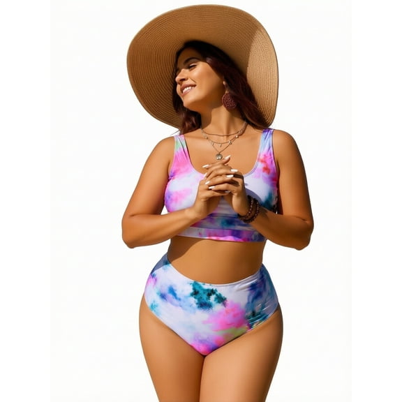Hind Women's Bikini Set, Scoop Neck Crop Swim Top with High Waisted Bikini Bottom, Multicolor Tie Dye