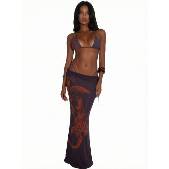 Hind Women's Bikini Set with Halter Triangle Top, String Bottom and Ruched Maxi Cover-Up Skirt, Purple
