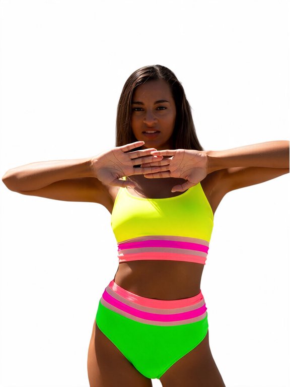 Women's Colorblock Mesh Panel Two Piece High Waist Bikini Set, Multicolor