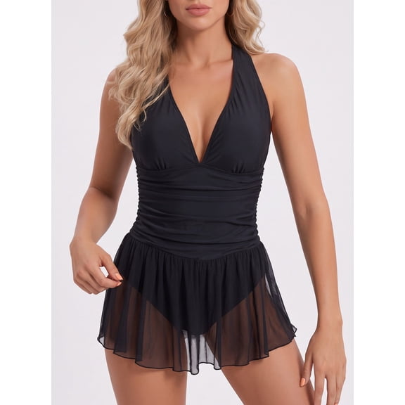 Hind Women's Deep V-Neck Skirted Swimsuit with Ruched Bodice, Black