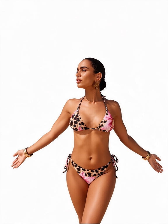 Women's Halter Bikini Swimsuit with Side Ties, Leopard Floral Print