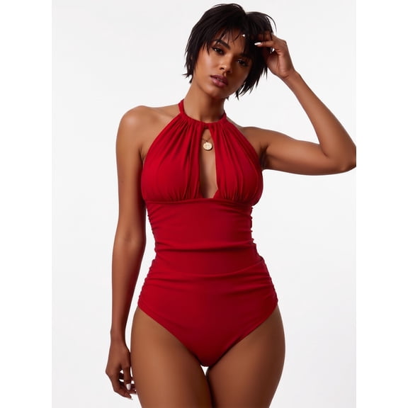 Hind Women's Halter One-Piece Swimsuit with Deep V Keyhole, Red