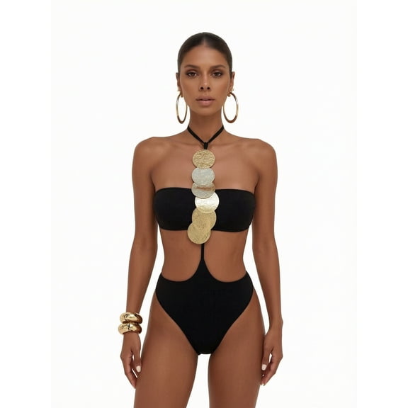Hind Women's One Piece Cutout Swimsuit, Bandeau Monokini with Halter Neck and Gold-Tone Disc Accents, Black
