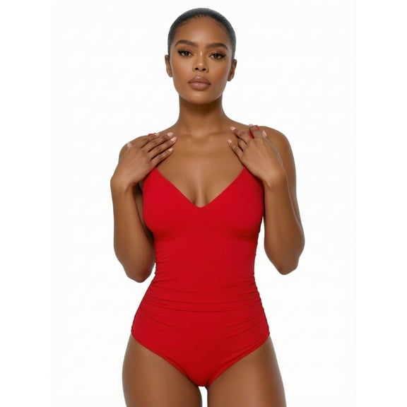 Hind Women's One Piece Swimsuit, V Neck Ruched Bathing Suit with Adjustable Straps, Red