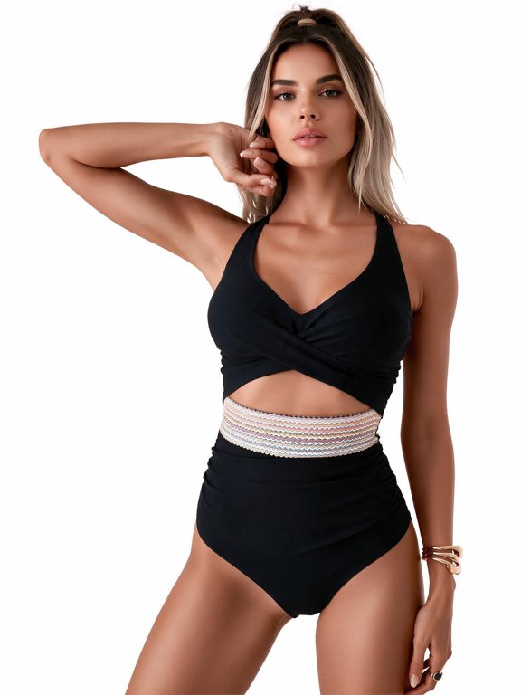 Women's One Piece Swimsuit, Wrap Front Cutout Bathing Suit with Braided Waist, Black