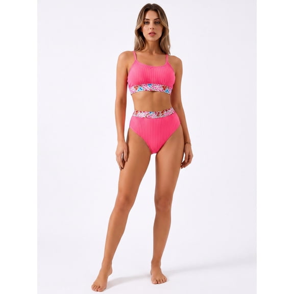 Hind Women's Ribbed Bikini Set with Floral Trim, Pink