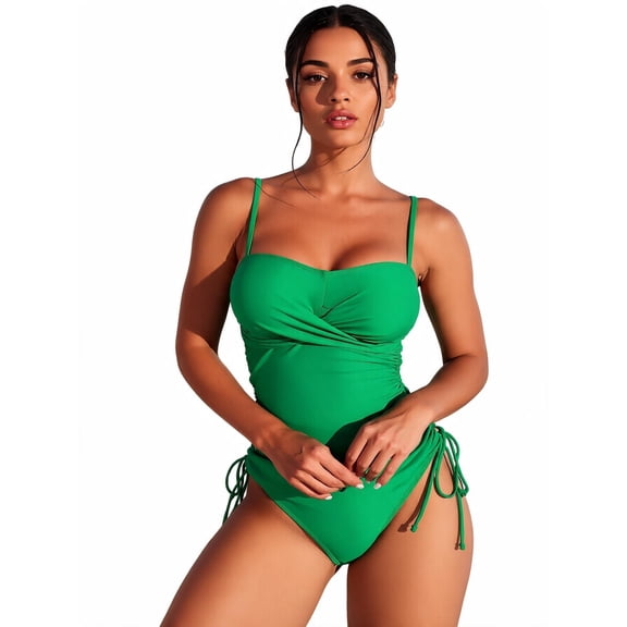 Hind Women's Ruched Tankini Swimsuit with Adjustable Side Ties, Green