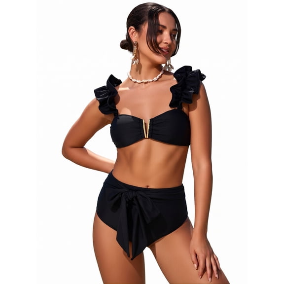 Hind Women's Ruffle-Shoulder Bikini Set with High-Waist Tie Detail, Black
