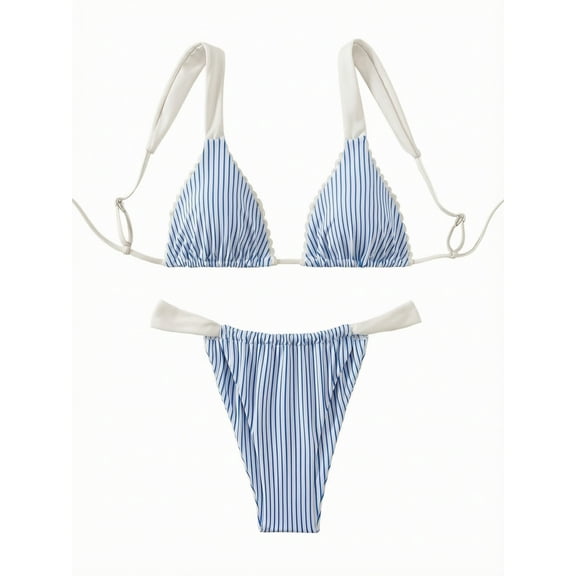 Hind Women's Striped Triangle Bikini Set with Contrast Straps, Blue and White