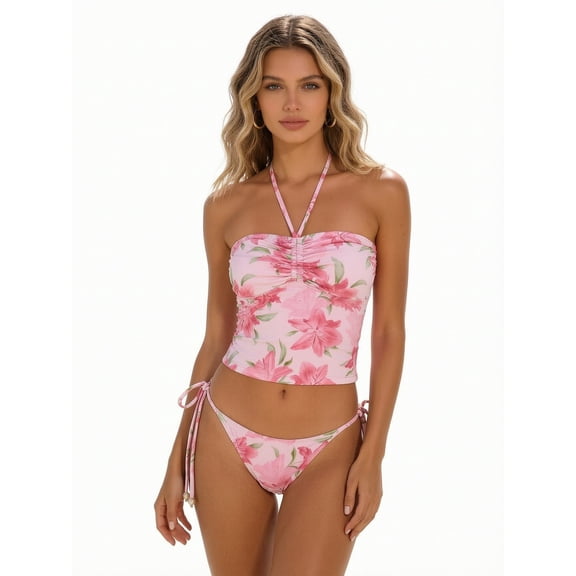 Hind Women's Tankini Swimsuit Set, Floral Halter Ruched Swim Top with Tie-Side Bikini Bottom, Pink