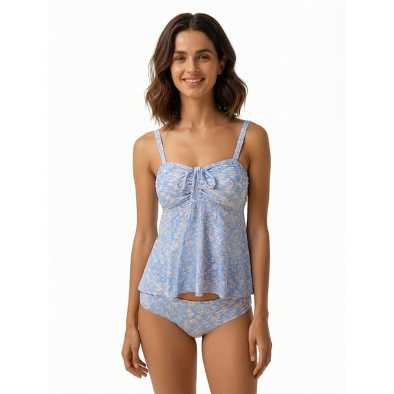 Hind Women's Tankini Swimsuit Set, Sweetheart Neck Ruched Flowy Swim Top with Floral Bikini Bottom, Blue