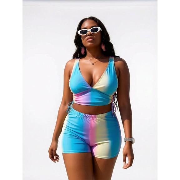 Hind Women's Tankini Swimsuit Set, V Neck Ruched Drawstring Swim Top with High Waisted Swim Shorts, Multicolor Ombre