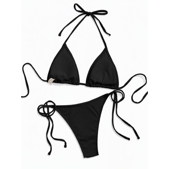 Hind Women's Triangle Bikini Set with Crochet Shell Accents and Side Ties, Black