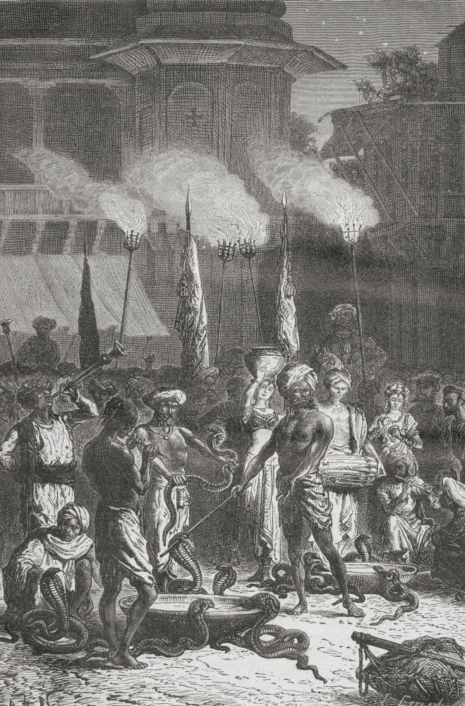The Hindu Festival Of Nag Panchami The Worship Of Cobras In Bombay India In The 19Th Century From El Mundo En La Mano Published 1878 Canvas Art - Ken Welsh Design Pics (11 x 18)