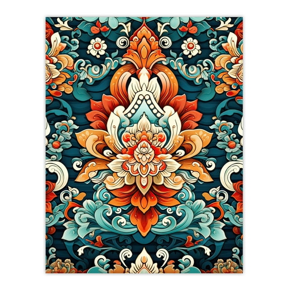 Hindu Floral Pattern Close Up Detail Ornate Design in Amber and Blue Extra Large XL Wall Art Poster Print