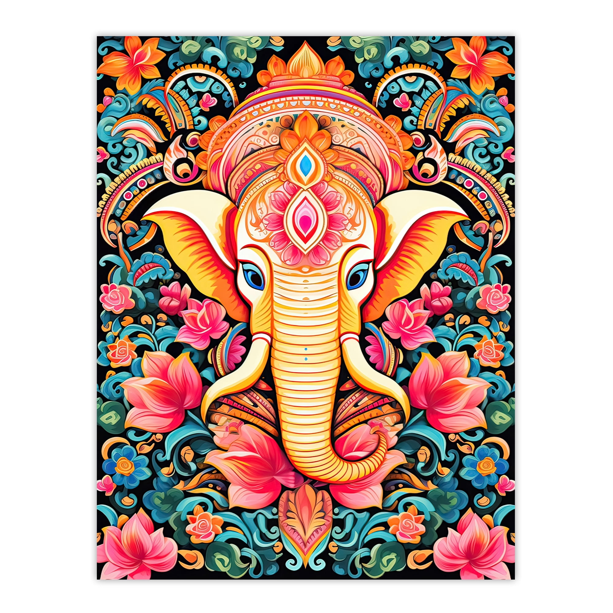 Hindu Floral Pattern with Elephant Vibrant Painting Orange Pink