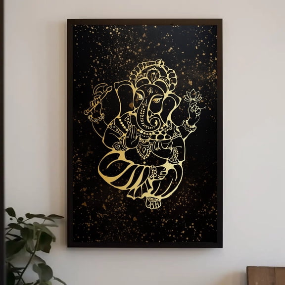 Hindu God Ganesha Gold Luxury Canvas Painting - Minimalist Indian Wall Art - Ganpati Spiritual Framed For Home And Office, Ready To Hang, Unframed Poster Size 8x12