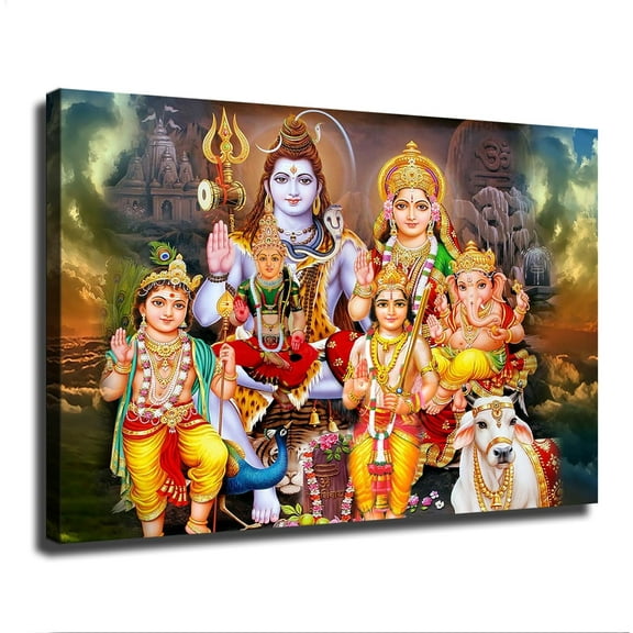 Hindu God India Shiva Statue Lord Shiva Family Poster Canvas Picture Printing Wall Art Decoration Posters Aesthetic Living Room Bedroom Home Background Wall Decor (08×12inch-Framed)
