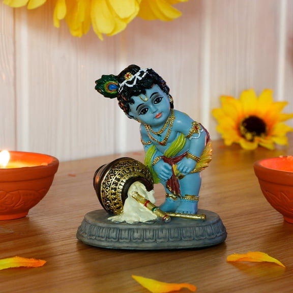 Hindu God Krishna Idol Statue 3.7"H Small Butter Thief Makhan for Car Dashboard Decor Birthday Diwali Gift Indian Home Temple Mandir Altar Pooja Murti Item Meditation Yoga Room Spiritual Decor