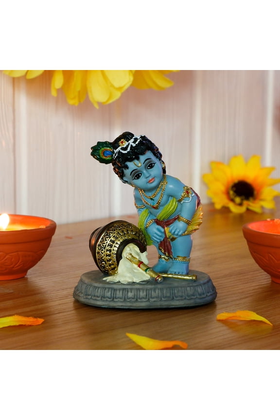 Hindu God Krishna Idol Statue 3.7"H Small Butter Thief Makhan for Car Dashboard Decor Birthday Diwali Gift Indian Home Temple Mandir Altar Pooja Murti Item Meditation Yoga Room Spiritual Decor