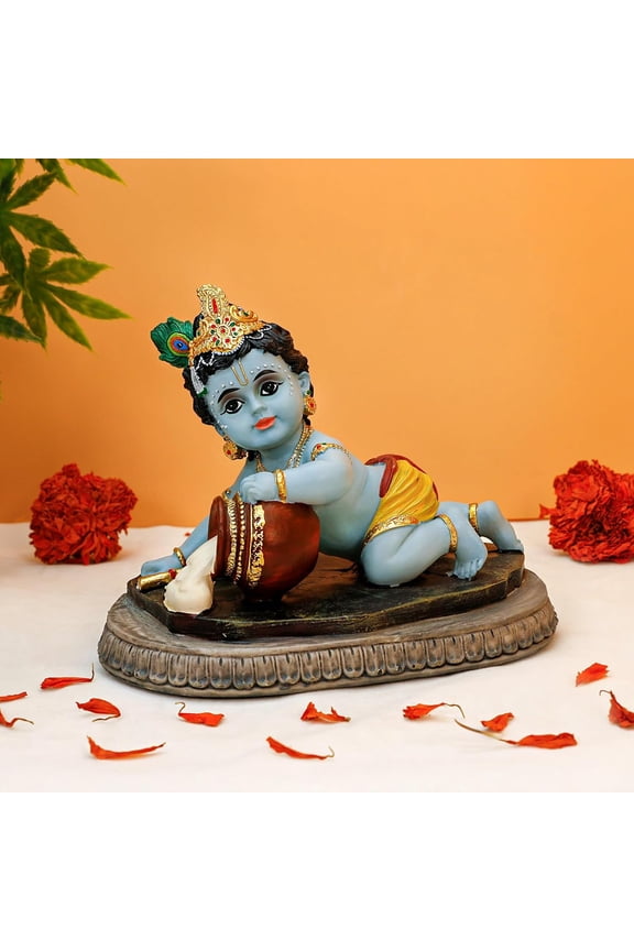 Hindu God Krishna Idol Statue - 5.1" H Butter Thief Makhan Baby Krishna Decor Diwali Birthday Gift for Indian Home Temple Mandir Altar Pooja Murti Item Meditation Yoga Room Spiritual Decor