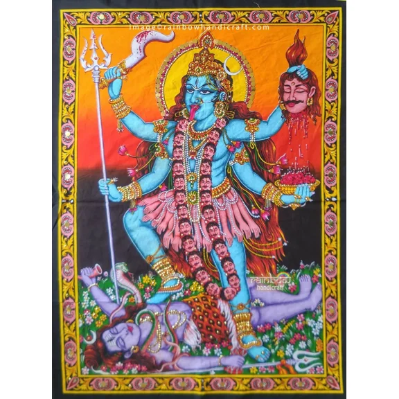 Hindu Goddess Kali Tapestry Standing on Shiva, Wall Hanging Indian Decor Mural Poster Print