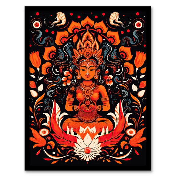 Hindu Goddess Parvati Floral Concept Art Design Orange White Blue Decorative Pattern on Black Art Print Framed Poster Wall Decor 12x16 inch