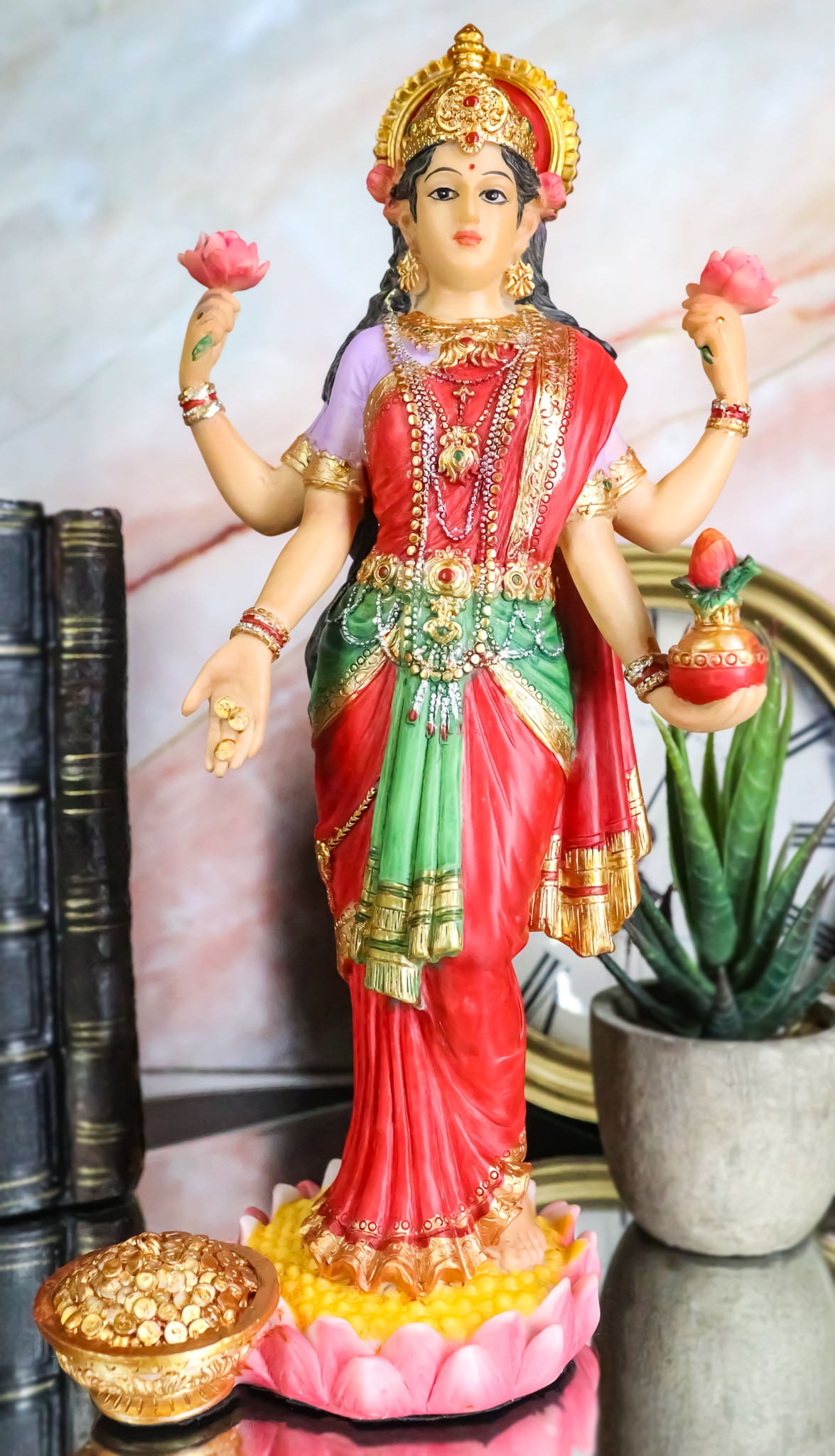 Hand-Painted Resin Hindu Goddess Lakshmi Statue 10"