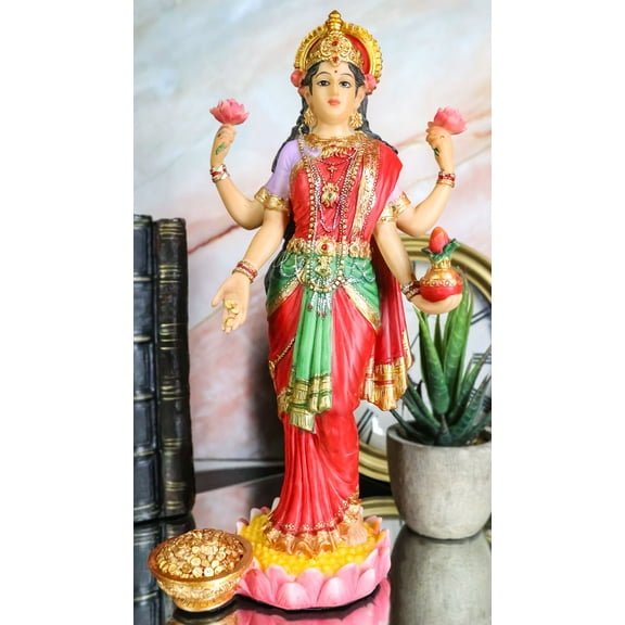 Hindu Goddess Sri Lakshmi Statue 10"H Shakti Of Vishnu Goddess Of Prosperity