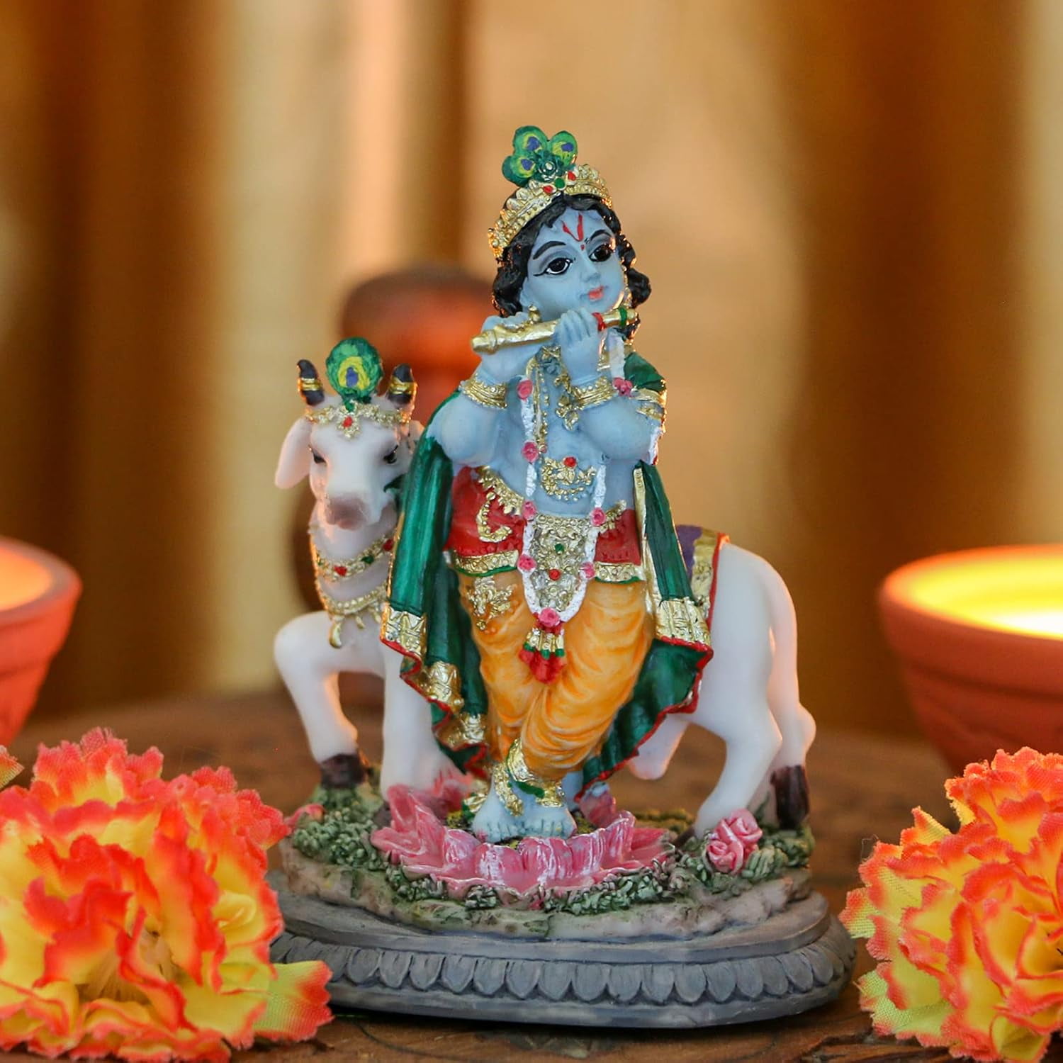 Hindu Idol Lord Krishna Statue- 3.7H Handmade Standing Krishna Murti Playing Flute with Cow for Home Office Mandir Temple Altar Shrine Pooja Item Diwali Puja Gifts