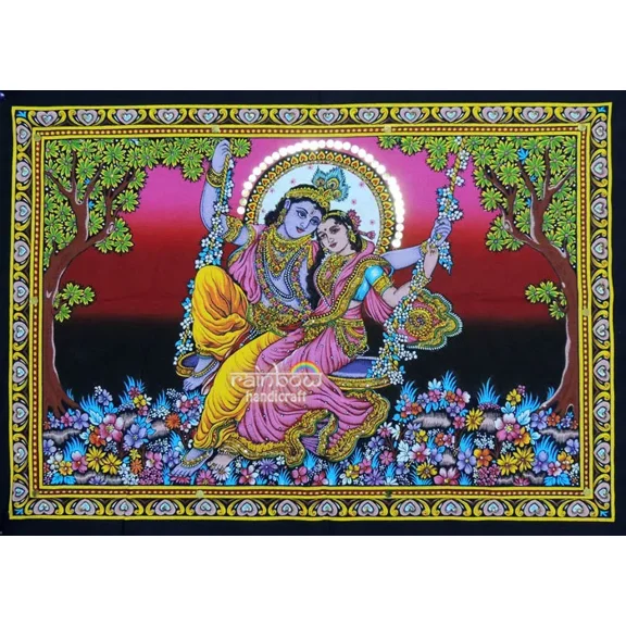 Hindu Lord Krishna Radha Swing Sequin Wall Hanging Spiritual Rooms Decor God Tapestry Poster Art