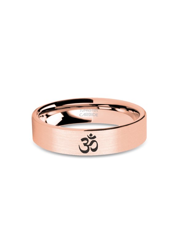 Hindu Om Symbol Engraved Brushed Rose Gold Tungsten Carbide Ring, 6mm, Size 5