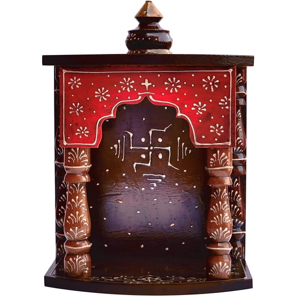 Hindu Religious Multicolour Temple Made with Wood & MDF, Hand Painted with Emboss Cone Work and auscipious swasthika Symbol, A Auspicious and Religious Dcor and Handicraft & Religious Art