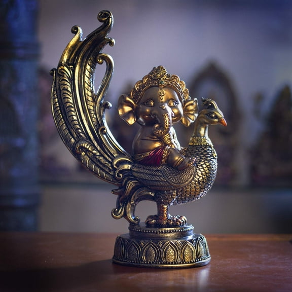 Hindu Supreme God Of Success And Arts Baby Ganesha Sitting On Peacock Statue