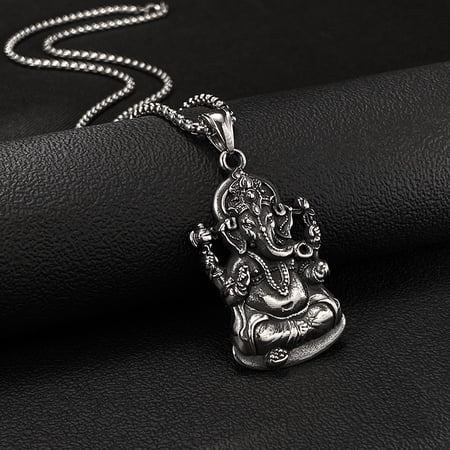 Hinduism Ganesha 14K White Gold Men Necklaces Pendant Chain Powerful Amulet Punk Rock Vintage For Women Jewelry Gifts