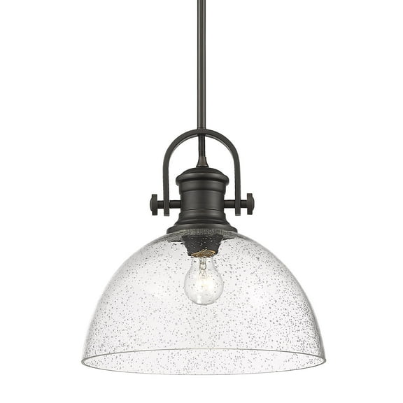 Yep by Golden Lighting Hines 1-light 14in Pendant in Rubbed Bronze and Seeded Glass