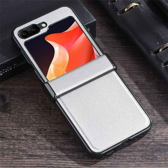 Hinge Protection Case for Samsung Galaxy Z Flip 5 4 3 PU Leather Skin,Luxury Vintage flip5 /flip4 /flip3 Slim Phone Cases Cover (White,for Samsung Z Flip 5)