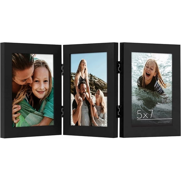 Hinged 3 Picture Frame 5x7 with Shatter-Resistant Glass - Signature Collection - Foldable Picture Frame for Tabletop Display - Black