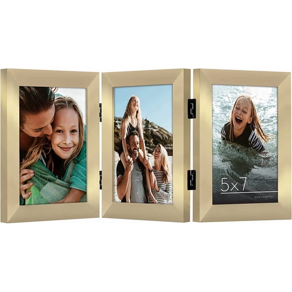 Hinged 3 Picture Frame 5x7 with Shatter-Resistant Glass - Signature Collection - Foldable Picture Frame for Tabletop Display - Gold