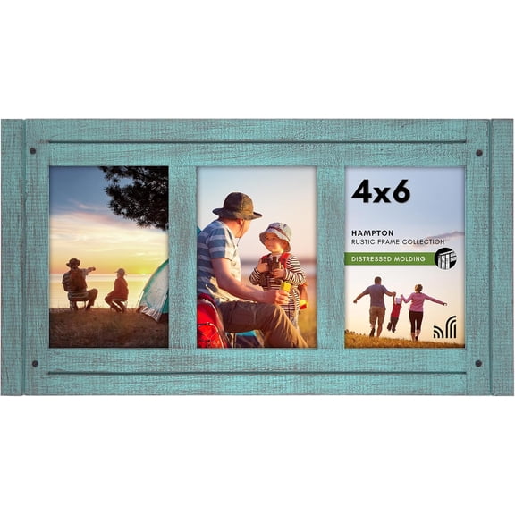 Hinged 4x6 Triple Picture Frame with 3 Photo Openings and Polished Glass - Distressed Wood Collage Picture Frames for Tabletop and Wall Display - Hampton Collection - Turquoise Blue
