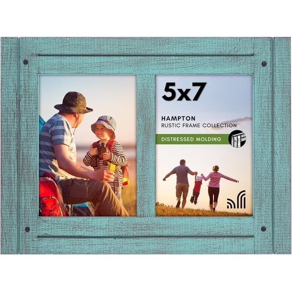 Hinged 5x7 Double Picture Frame with 2 Photo Openings and Polished Glass - Distressed Wood Collage Picture Frames for Tabletop and Wall Display - Hampton Collection - Turquoise Blue