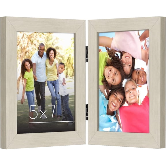 Hinged 5x7 Picture Frame with Shatter-Resistant Glass - Double Picture Frames with Engineered Wood - Signature Collection - Photo Frame for Tabletop Display - Light Wood