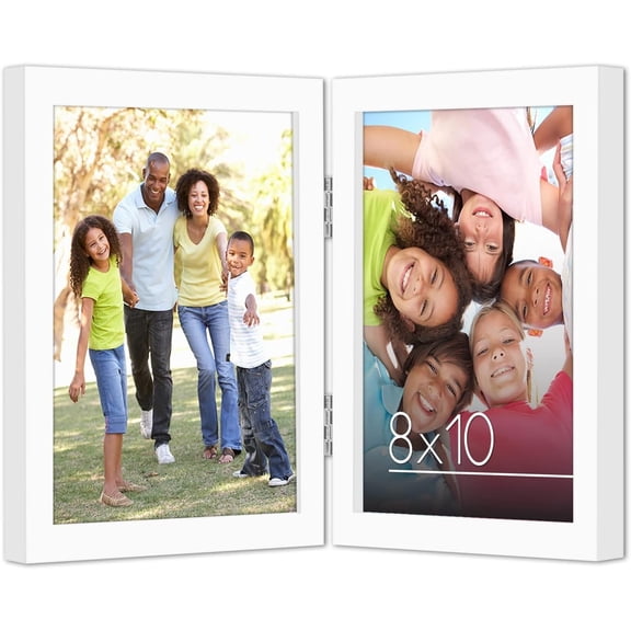Hinged 8x10 Picture Frame with Shatter-Resistant Glass - Double Picture Frames with Engineered Wood - Signature Collection - Photo Frame for Tabletop Display - White