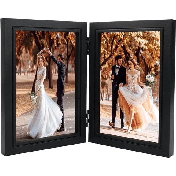Hinged Double Photo Frame 6x4 Black Wood Picture Frame with Real Glass for Desk Display