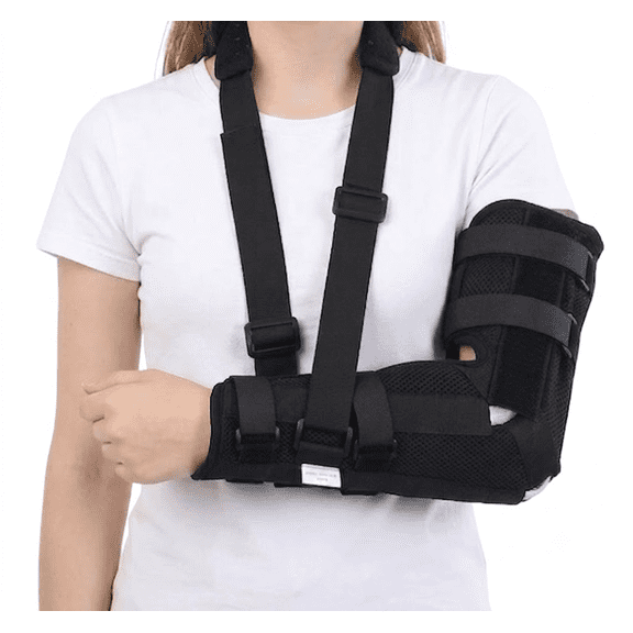 Hinged Elbow Brace with 3 Aluminum Plates, Adjustable Arm Immobilizer Sling and Support Stabilizer for Post-Op Injury Recovery