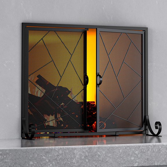 Hinged Fireplace Screen Iron Frame Home Fire Guard(Middle)
