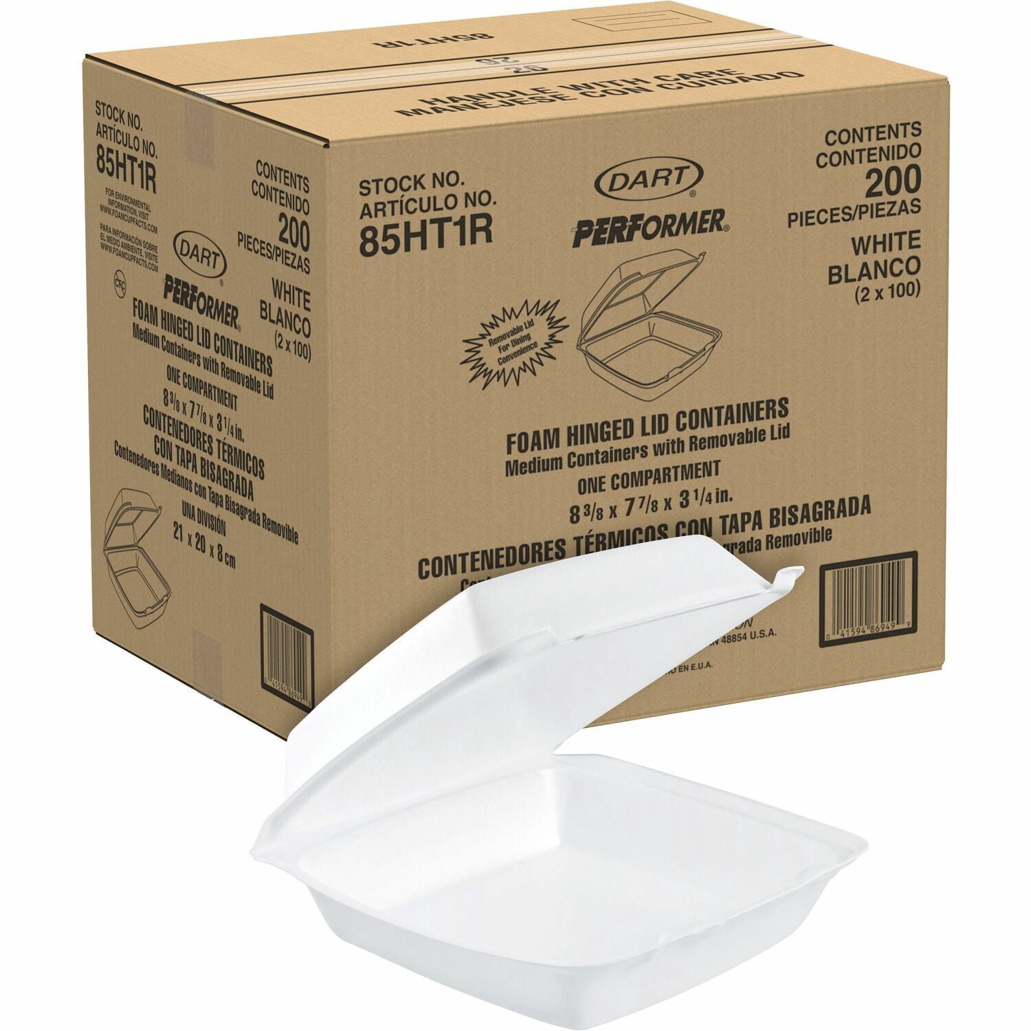 Hinged Foam Container 8-3/8"x7-7/8"x3-1/4" 200/CT White 85HT1