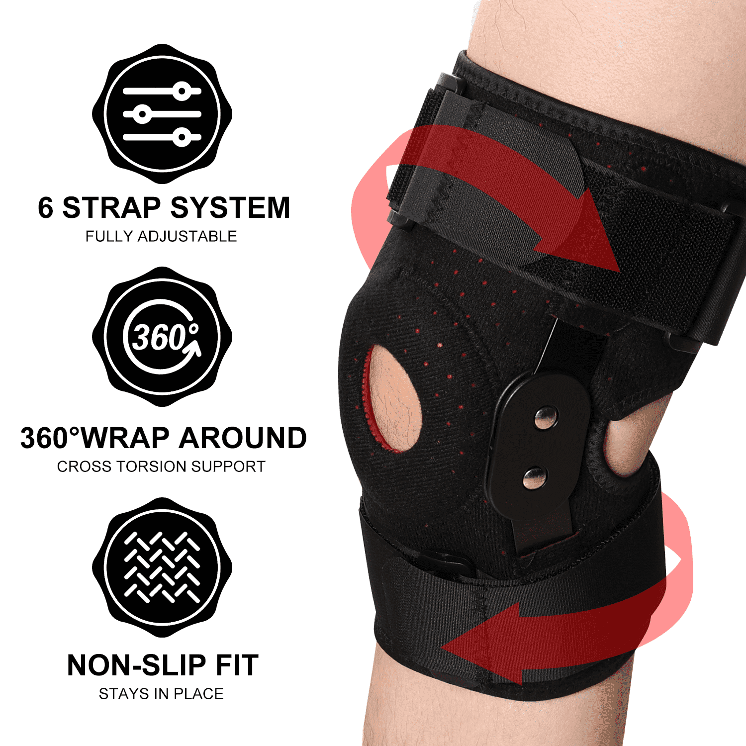 Hinged Knee Brace with Side Stabilizers,Protective Knee Pad Shock Absorbing Anti Slip Strap Breathable Knee Brace for Running Basketball Riding & Hiking,Men & Women - One Size Fits Most(Black)